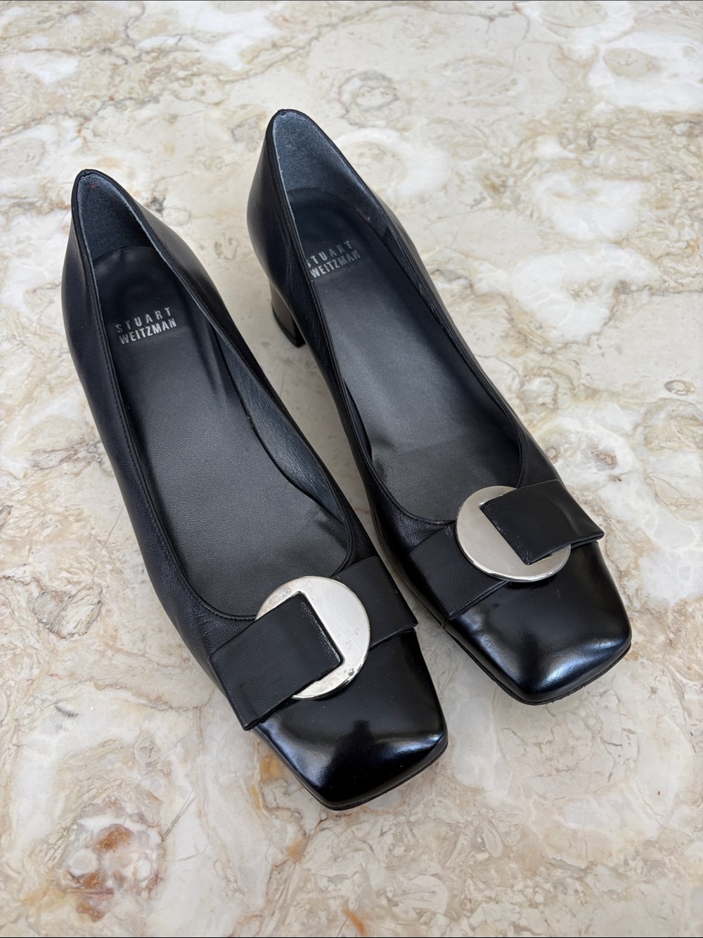Vintage Stuart Weitzman Black Leather Square Toe Silver Disc Buckle Pumps